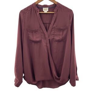 Anthropologie Maeve Eva Faux Wrap Drape Front Blouse Burgundy Mauve Size 6